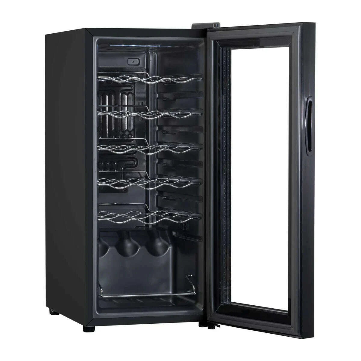 Sleek Baridi 18-bottle wine cooler with mirrored door and digital controls, black finish.