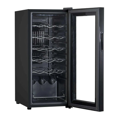 Sleek Baridi 18-bottle wine cooler with mirrored door and digital controls, black finish.