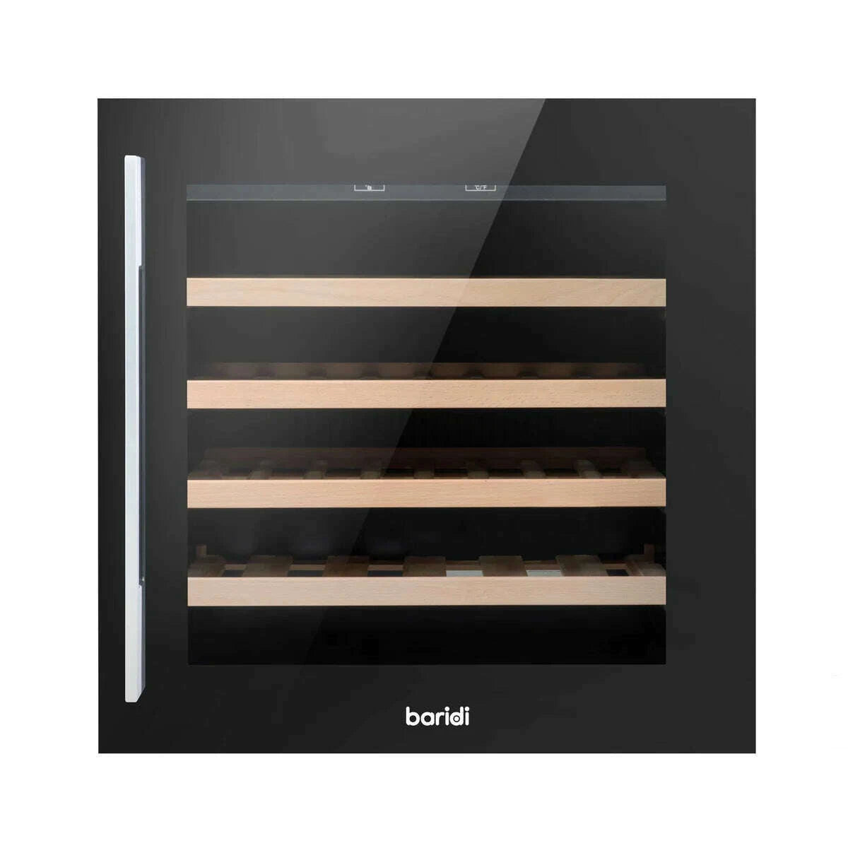 Sleek black wine cooler with beech wood shelves, stainless handle, fits 36 bottles, LED lit interior.