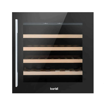 Sleek black wine cooler with beech wood shelves, stainless handle, fits 36 bottles, LED lit interior.