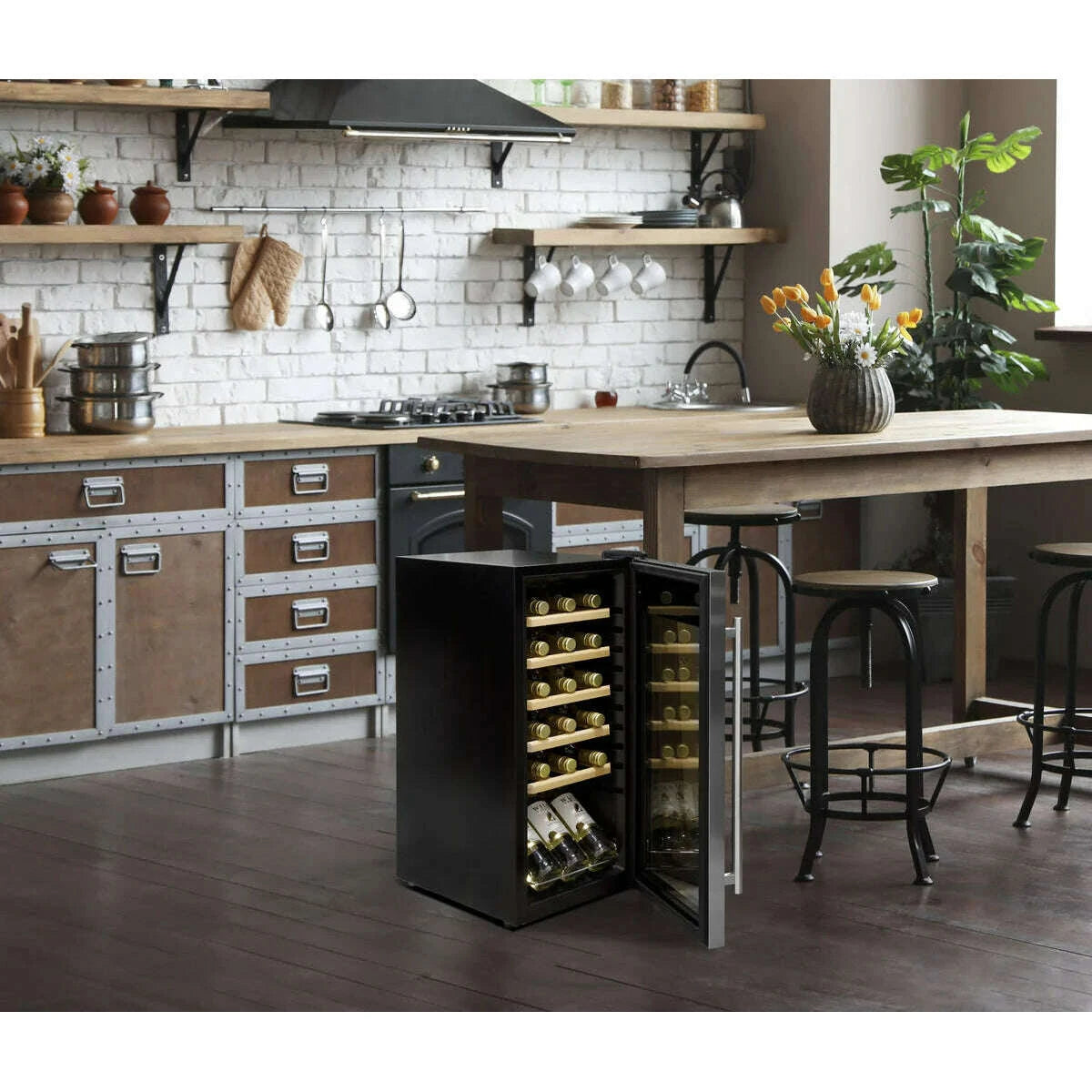 Stainless steel wine cooler with touch controls, LED light, and space for 18 bottles.