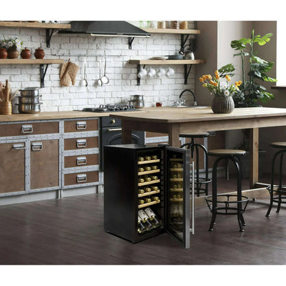 Stainless steel wine cooler with touch controls, LED light, and space for 18 bottles.