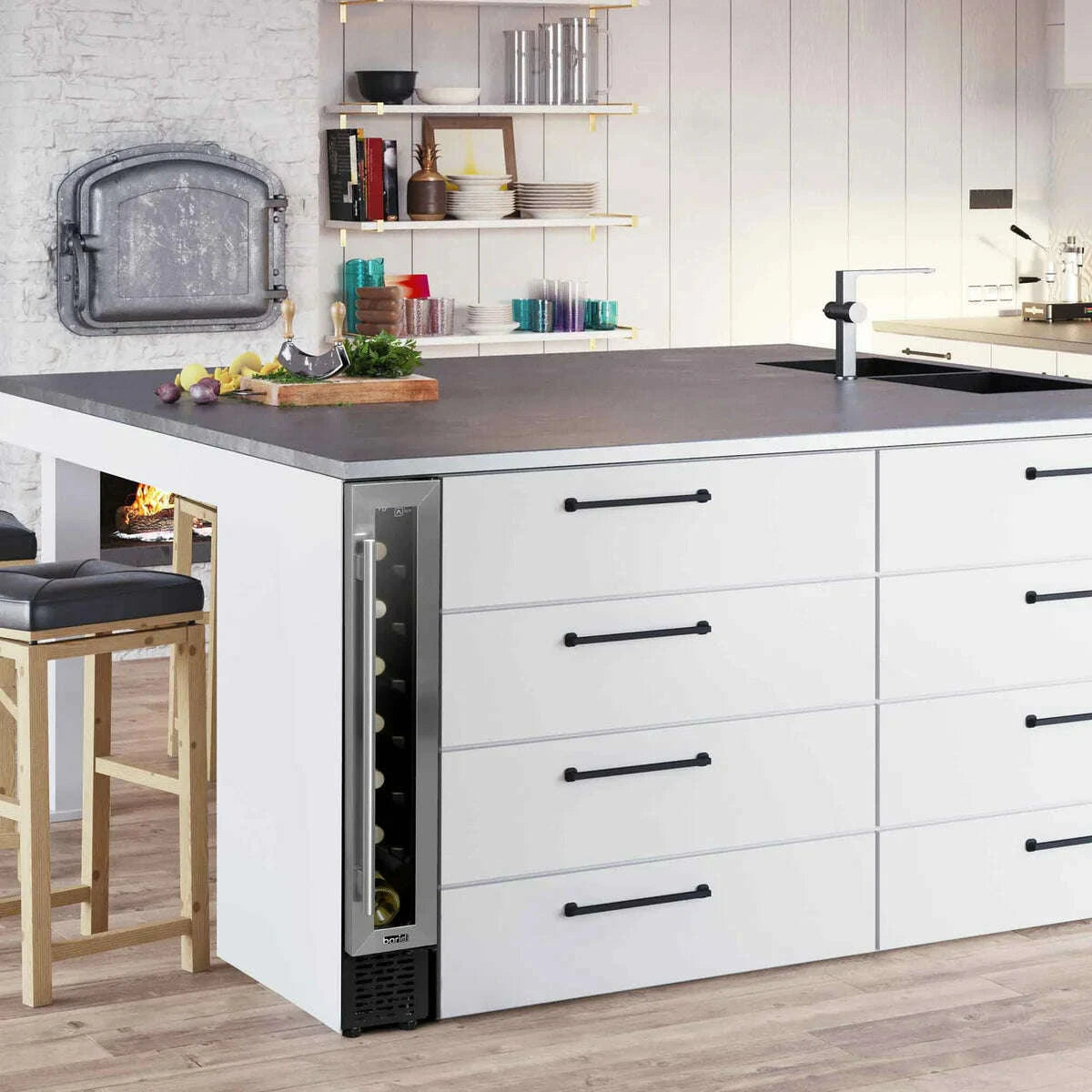 Slim stainless steel wine cooler with digital touch controls, holds 7 bottles, fits under counters.