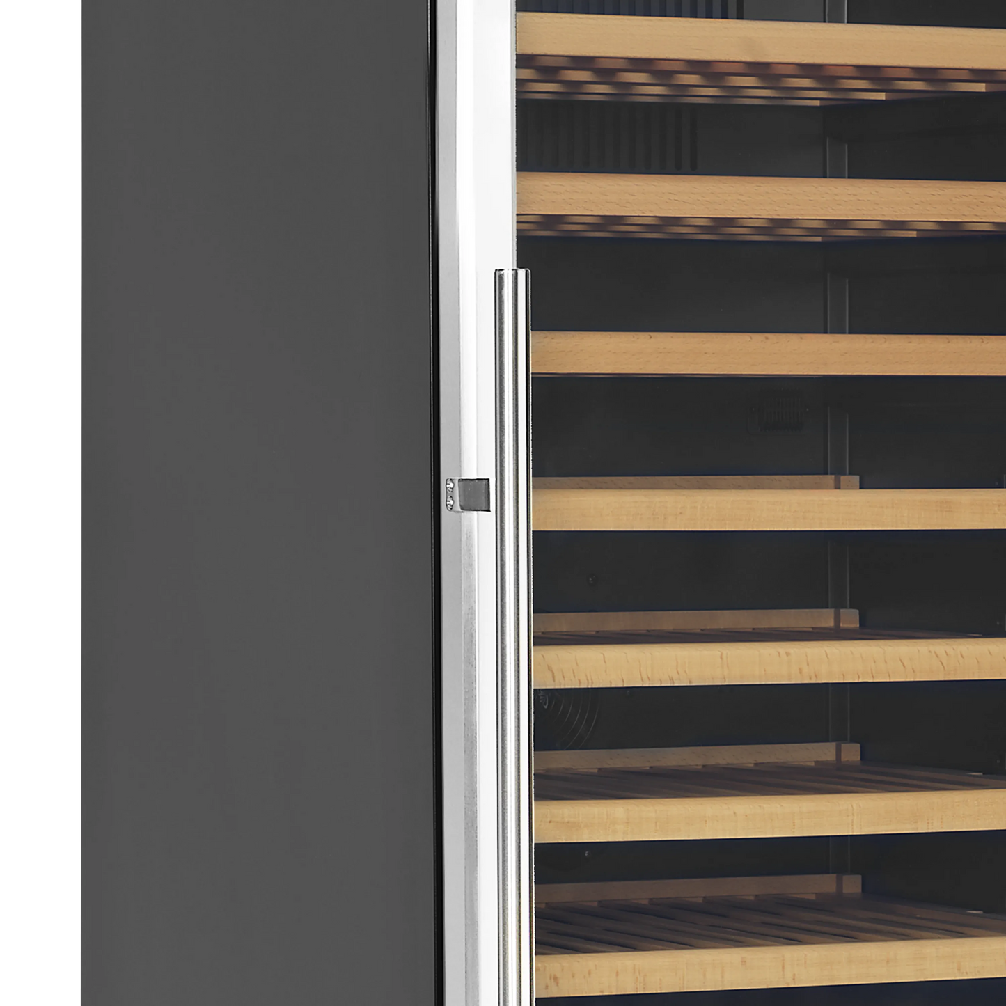 A sleek dual-zone wine cabinet with glass door, showcasing up to 163 bottles on wooden shelves.