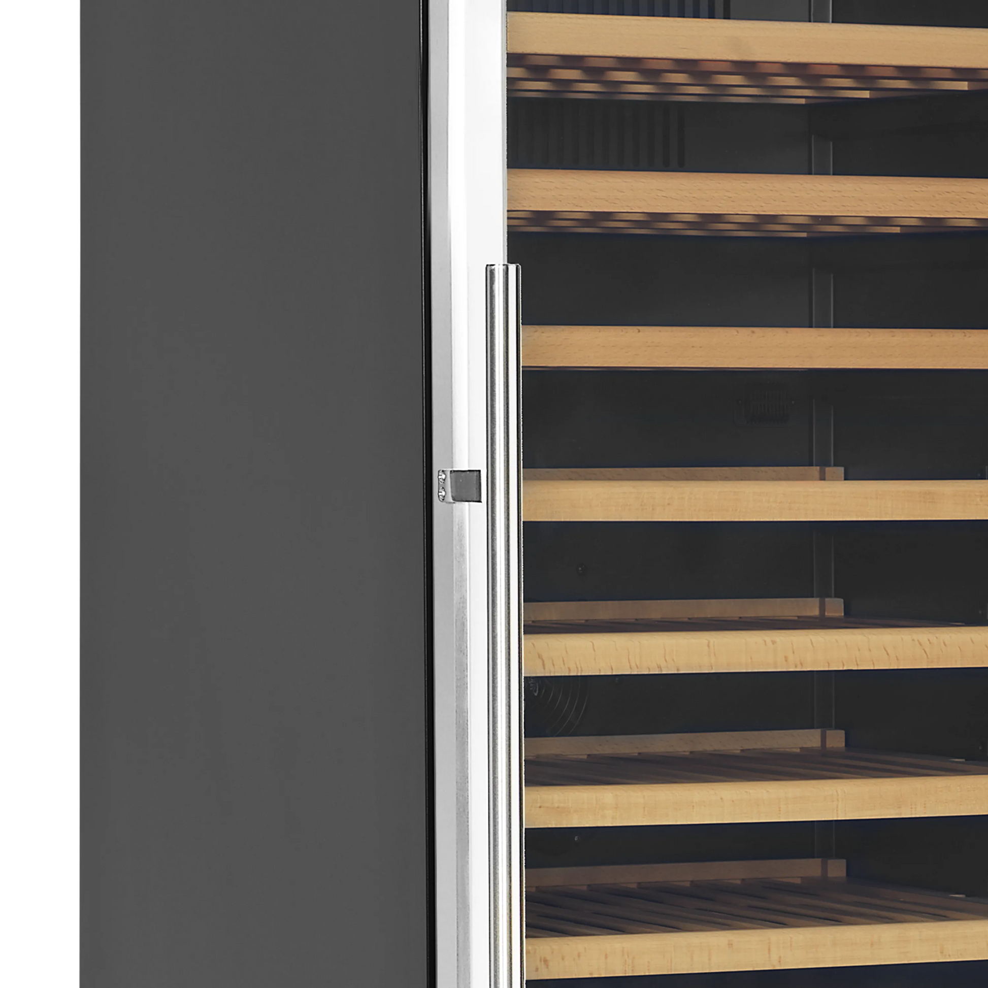 A sleek dual-zone wine cabinet with glass door, showcasing up to 163 bottles on wooden shelves.