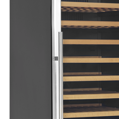 A sleek dual-zone wine cabinet with glass door, showcasing up to 163 bottles on wooden shelves.