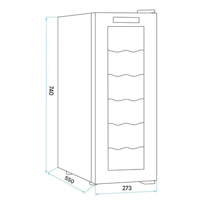 Black Baridi wine fridge with tempered glass door, touch controls, fits 12 bottles.
