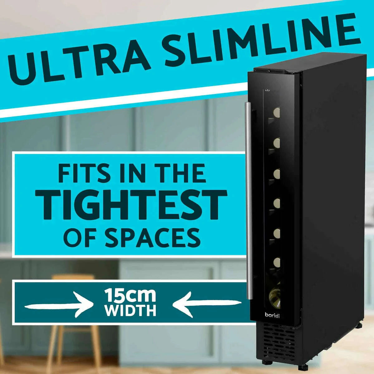 Slim black wine cooler with digital touch controls, fits 7 bottles, sleek design for kitchens.