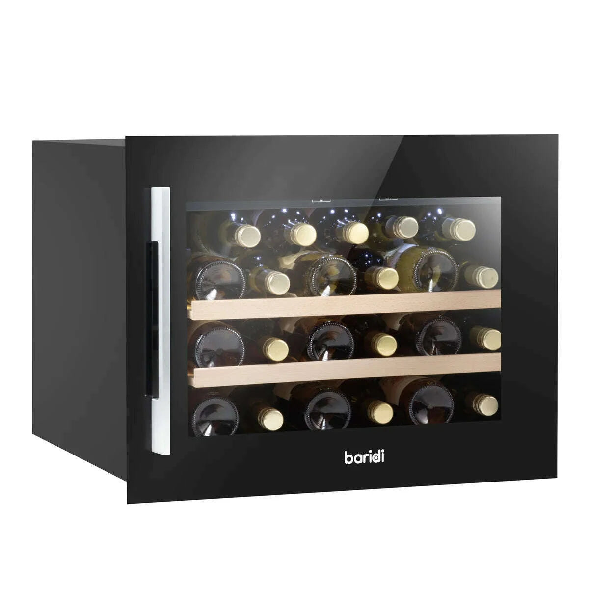 Black Baridi wine cooler with beech wood shelves, fits 28 bottles, touch controls, and LED light.