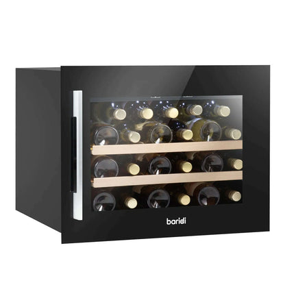 Black Baridi wine cooler with beech wood shelves, fits 28 bottles, touch controls, and LED light.