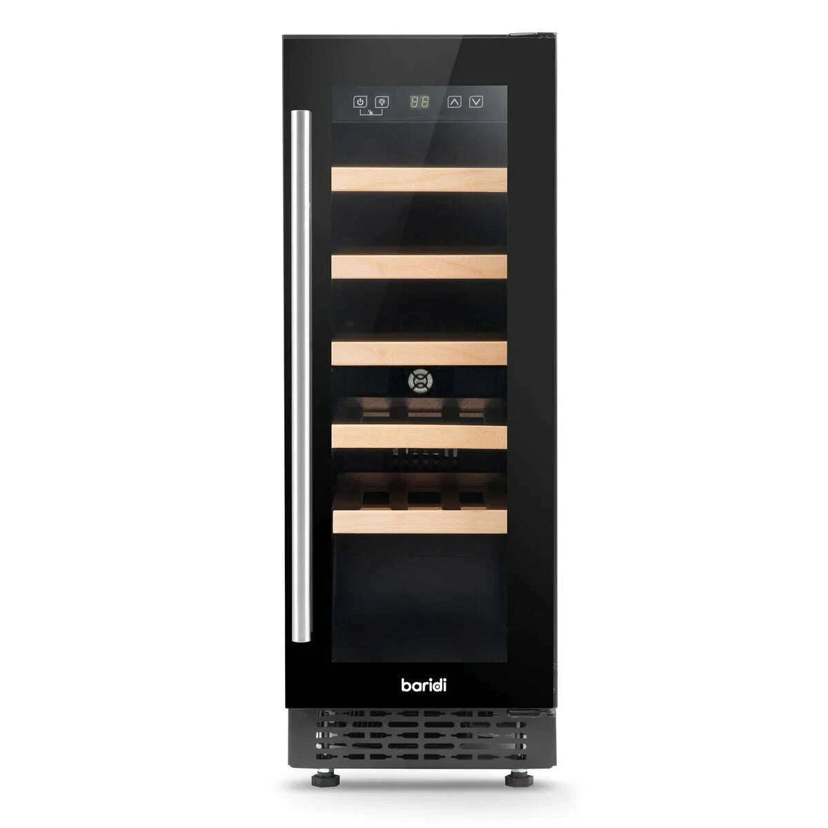 Baridi 20-bottle slim wine cooler with digital touchscreen, beech shelves, and LED lighting.