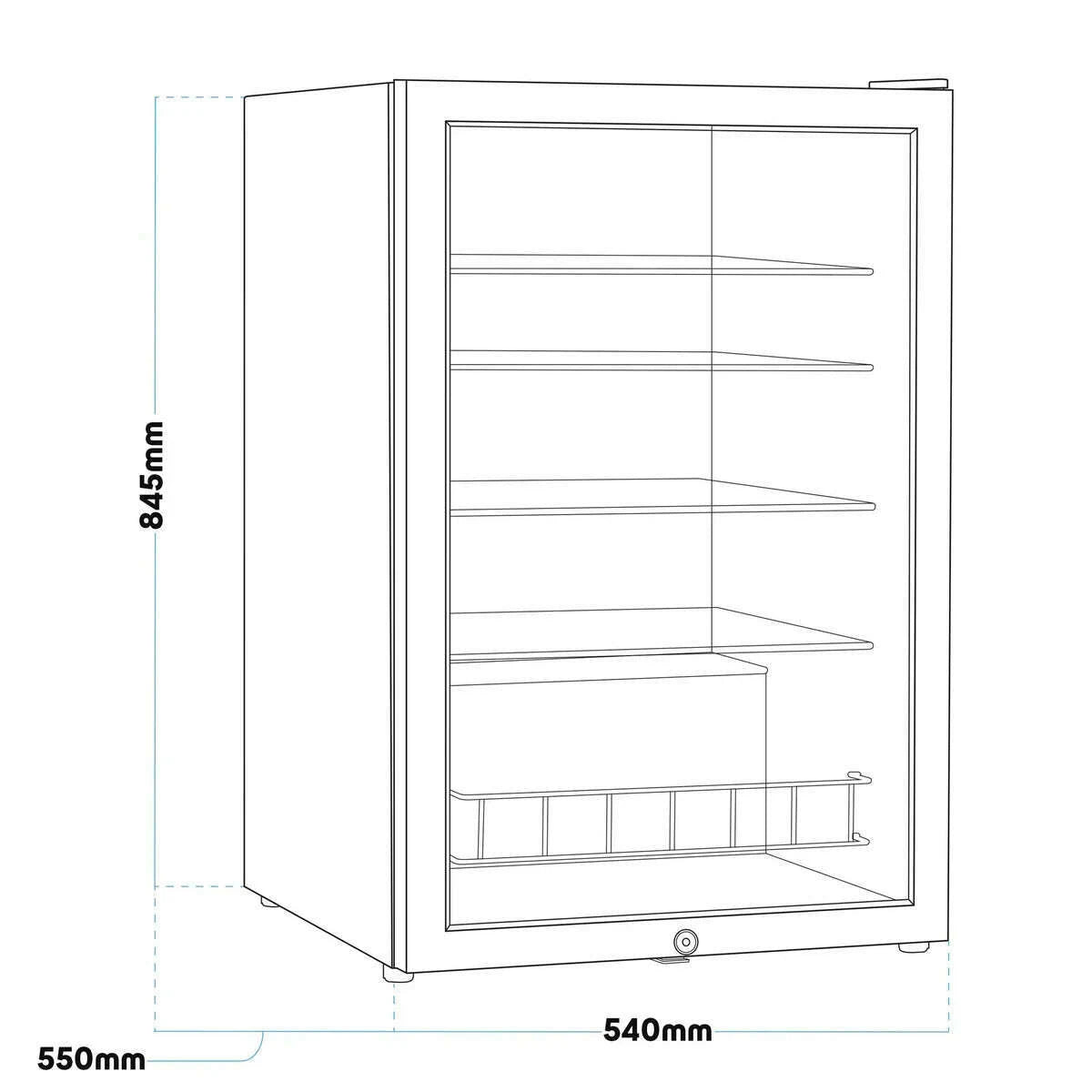 Sleek black Baridi 115L drinks fridge with LED light and black wire shelves, perfect for beverages.