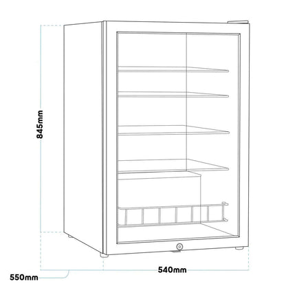 Sleek black Baridi 115L drinks fridge with LED light and black wire shelves, perfect for beverages.