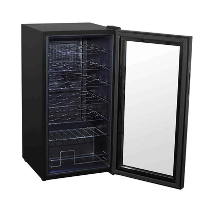 Black Baridi wine cooler with digital controls, LED light, and mirrored glass door, holds 28 bottles.