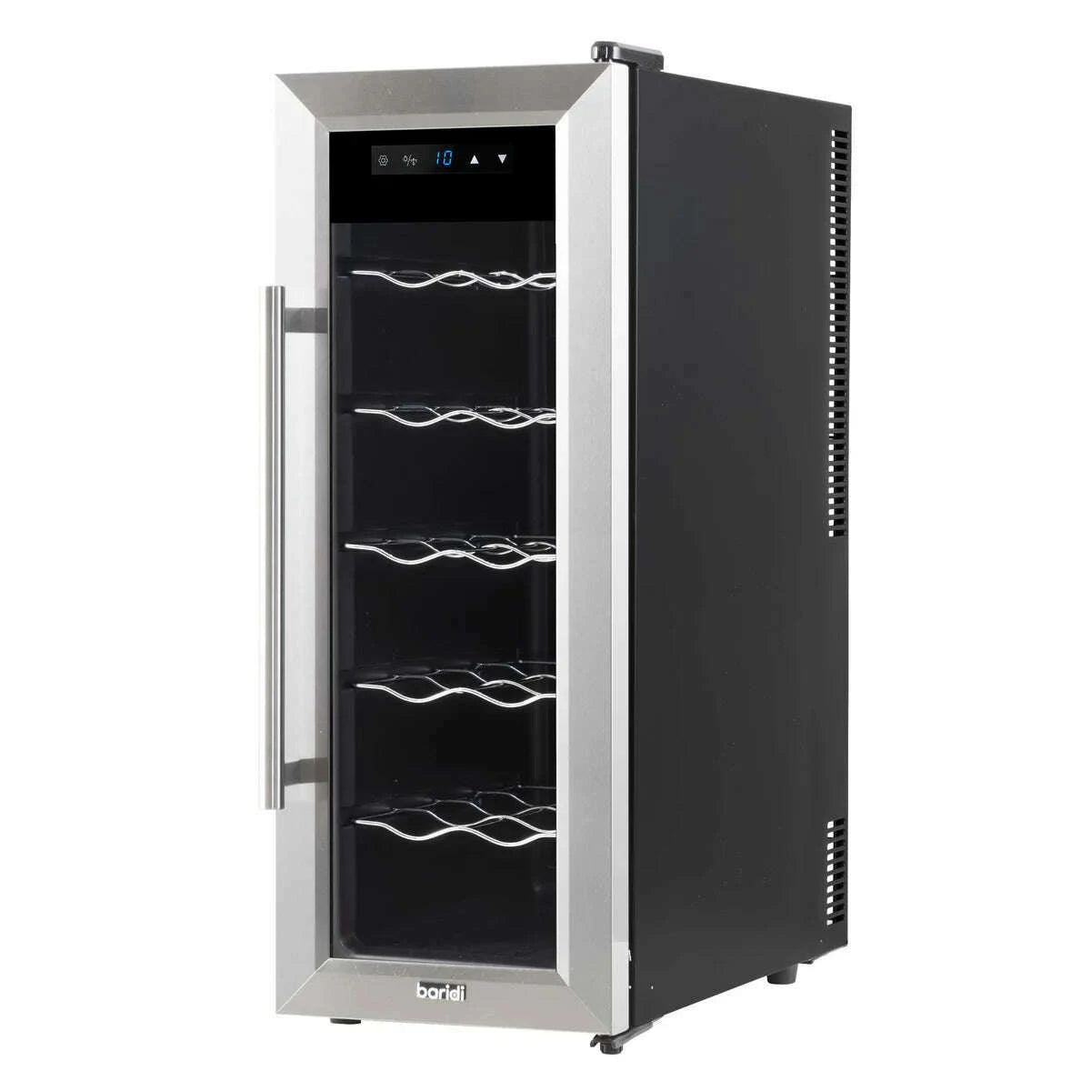 Sleek stainless steel wine cooler with digital controls, holds 12 bottles, compact design.