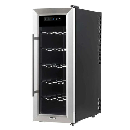 Sleek stainless steel wine cooler with digital controls, holds 12 bottles, compact design.