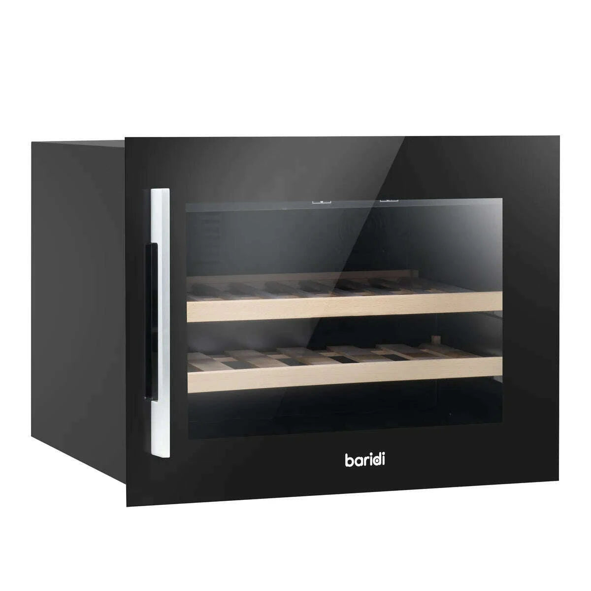 Black Baridi 60cm wine cooler with beech wood shelves, touch controls, and stainless steel handle.