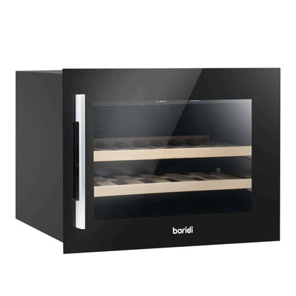 Black Baridi 60cm wine cooler with beech wood shelves, touch controls, and stainless steel handle.