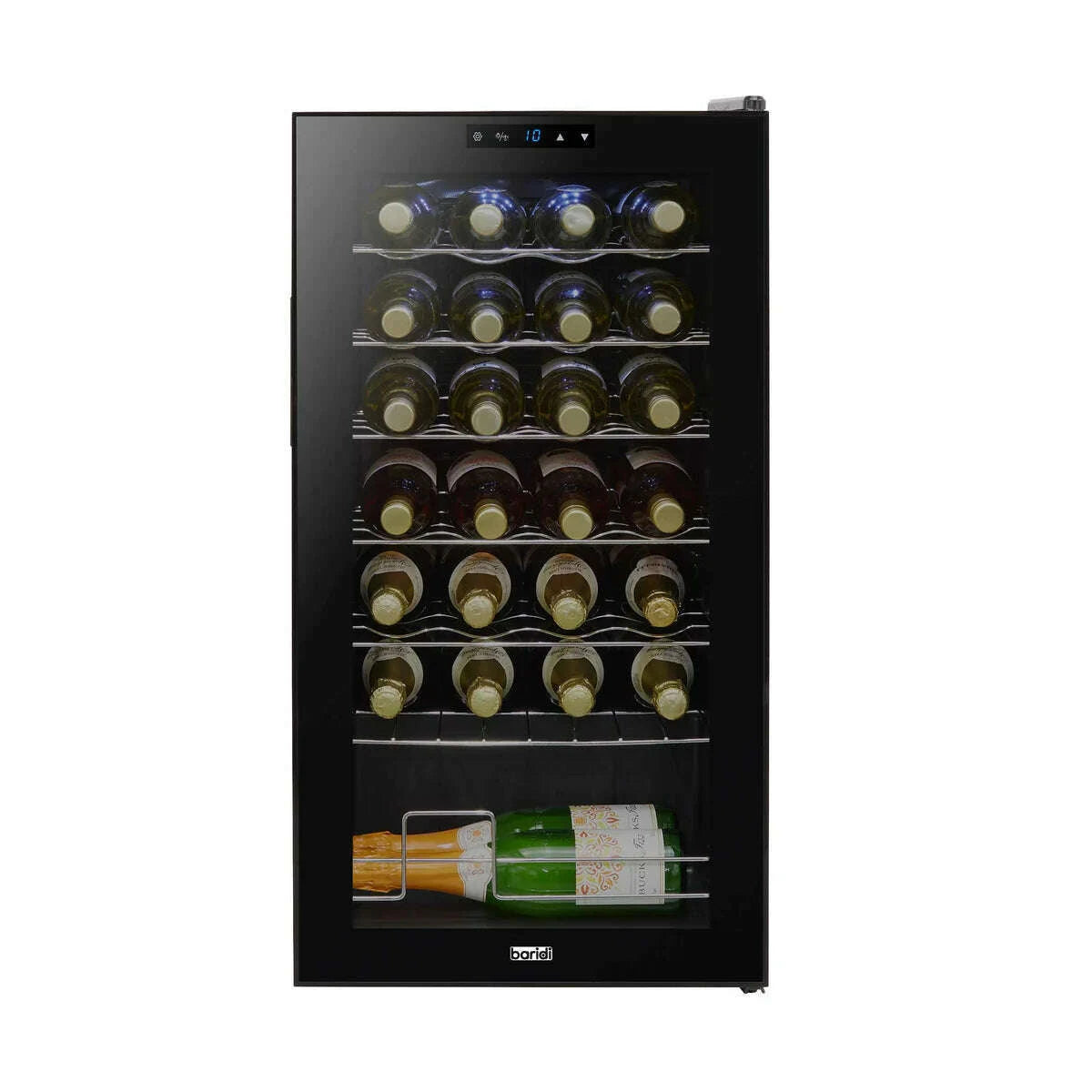 Black Baridi wine cooler with digital controls, LED light, and space for 28 bottles.
