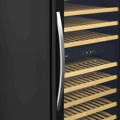 Tefcold wine cooler with glass door, LED light, and wooden shelves for 165 bottles.