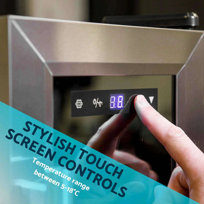 Stainless steel wine cooler with touch controls, LED light, and space for 18 bottles.