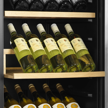 Sleek dual-zone wine cabinet with glass door, showcasing bottles on wooden shelves.