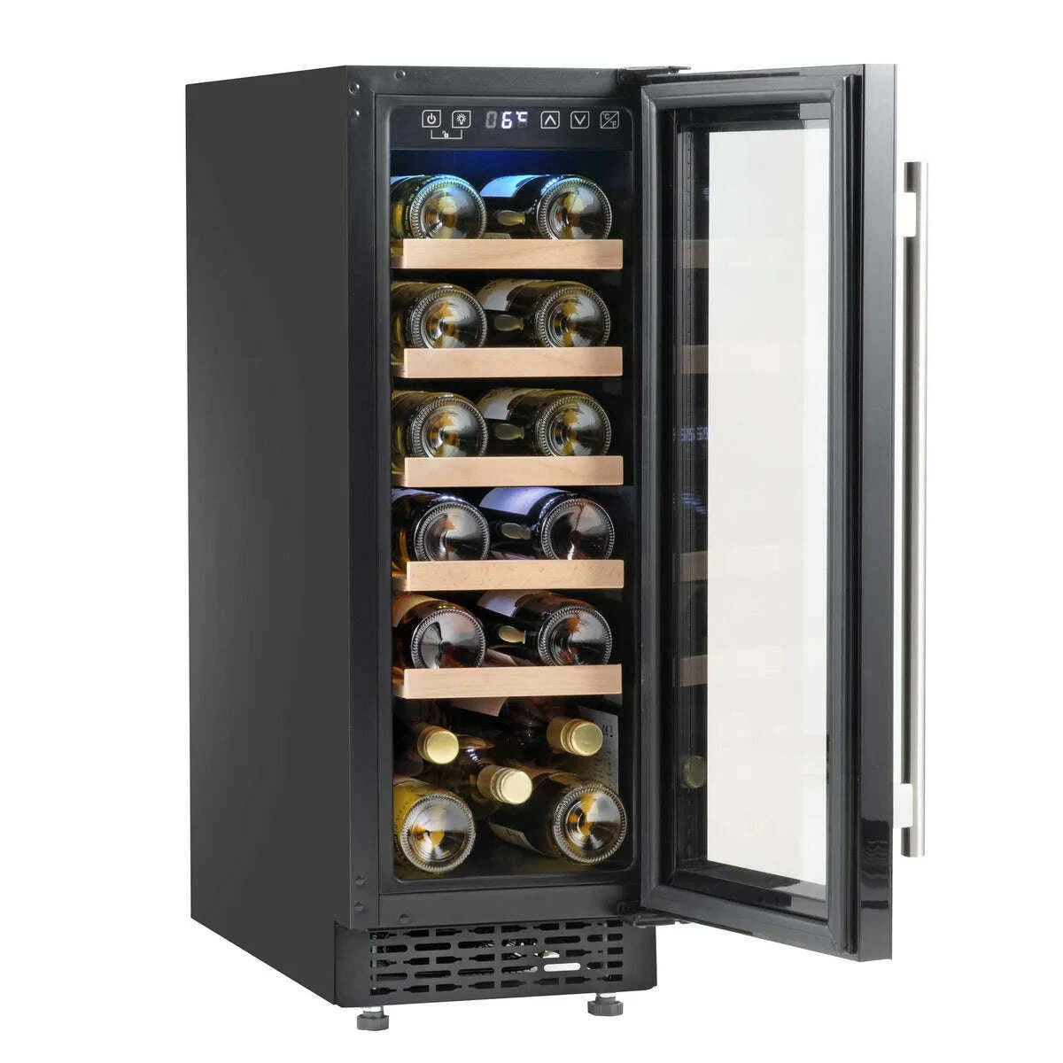 Sleek built-in wine cooler with digital controls, fits 20 bottles, 30cm wide, LED lit interior.