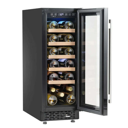 Sleek built-in wine cooler with digital controls, fits 20 bottles, 30cm wide, LED lit interior.