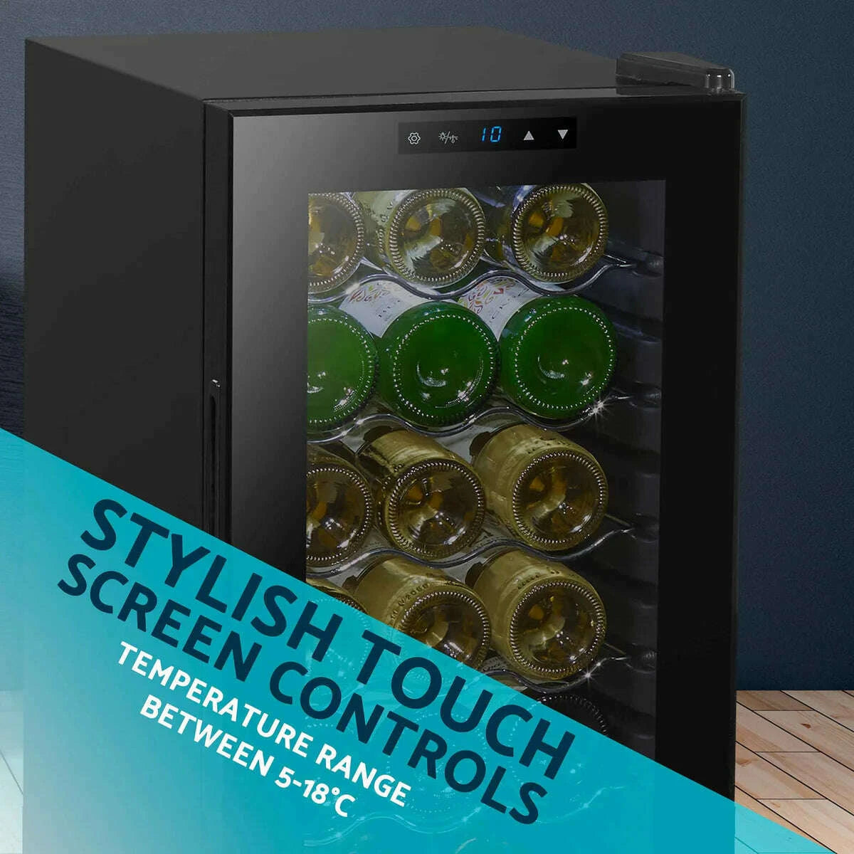 Black Baridi wine cooler with glass door, touch controls, and LED light; holds 18 bottles.