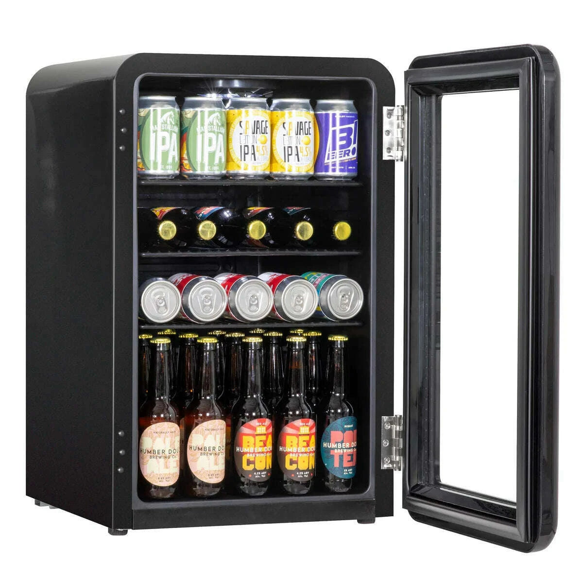 Image of a vintage-style Baridi 70L retro drinks fridge with adjustable shelves and digital thermostat.