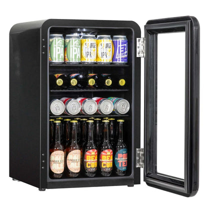 Image of a vintage-style Baridi 70L retro drinks fridge with adjustable shelves and digital thermostat.