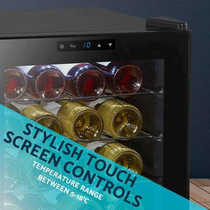Black Baridi 24 Bottle Wine Cooler with touch screen, LED light, and mirrored glass door.