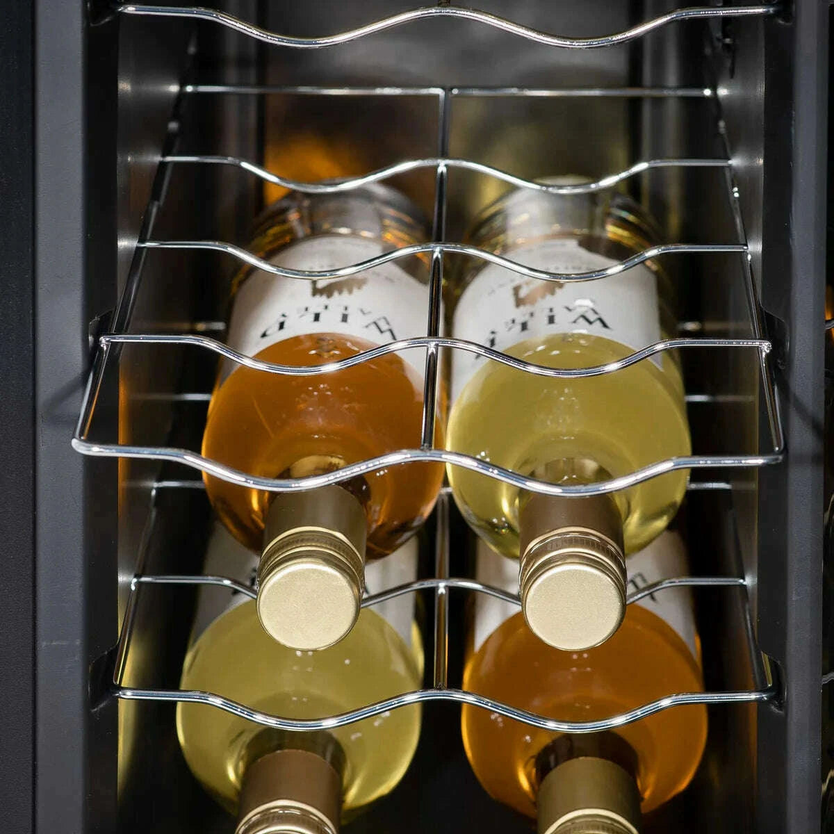 Sleek black 12-bottle wine fridge with LED display and touch controls, featuring a mirrored glass door.