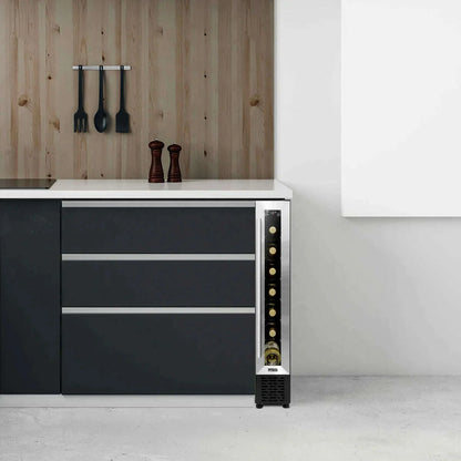 Slim stainless steel wine cooler with digital controls, fits 7 bottles, sleek kitchen design.