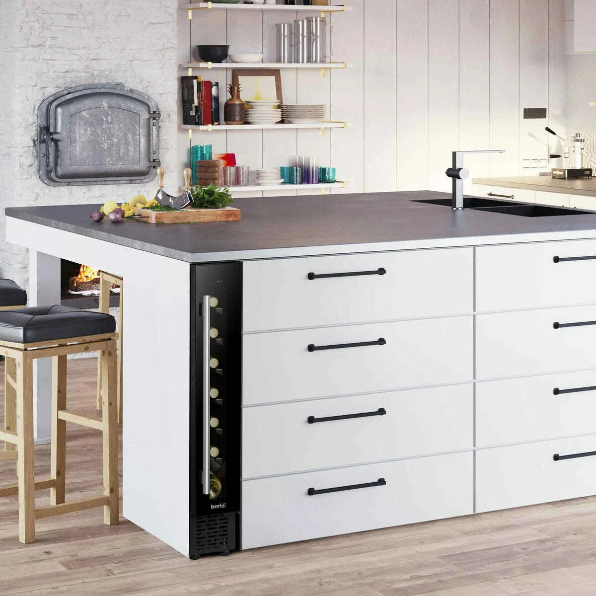 Slim black wine cooler with digital touch controls, holds 7 bottles, fits under kitchen counters.