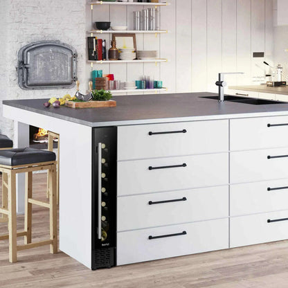 Slim black wine cooler with digital touch controls, holds 7 bottles, fits under kitchen counters.