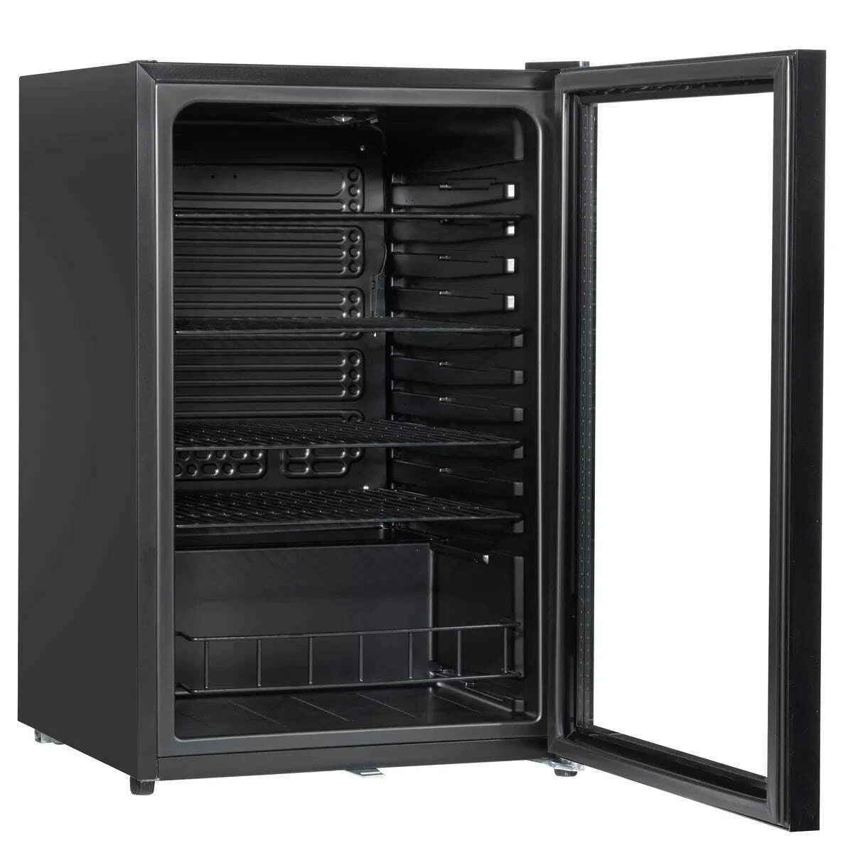 Sleek black Baridi 115L drinks fridge with LED light and spacious interior for beverages.