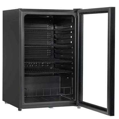 Sleek black Baridi 115L drinks fridge with LED light and spacious interior for beverages.