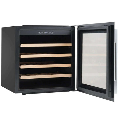 Black Baridi 60cm wine cooler with beech wood shelves, holds 36 bottles, touch controls, LED light.