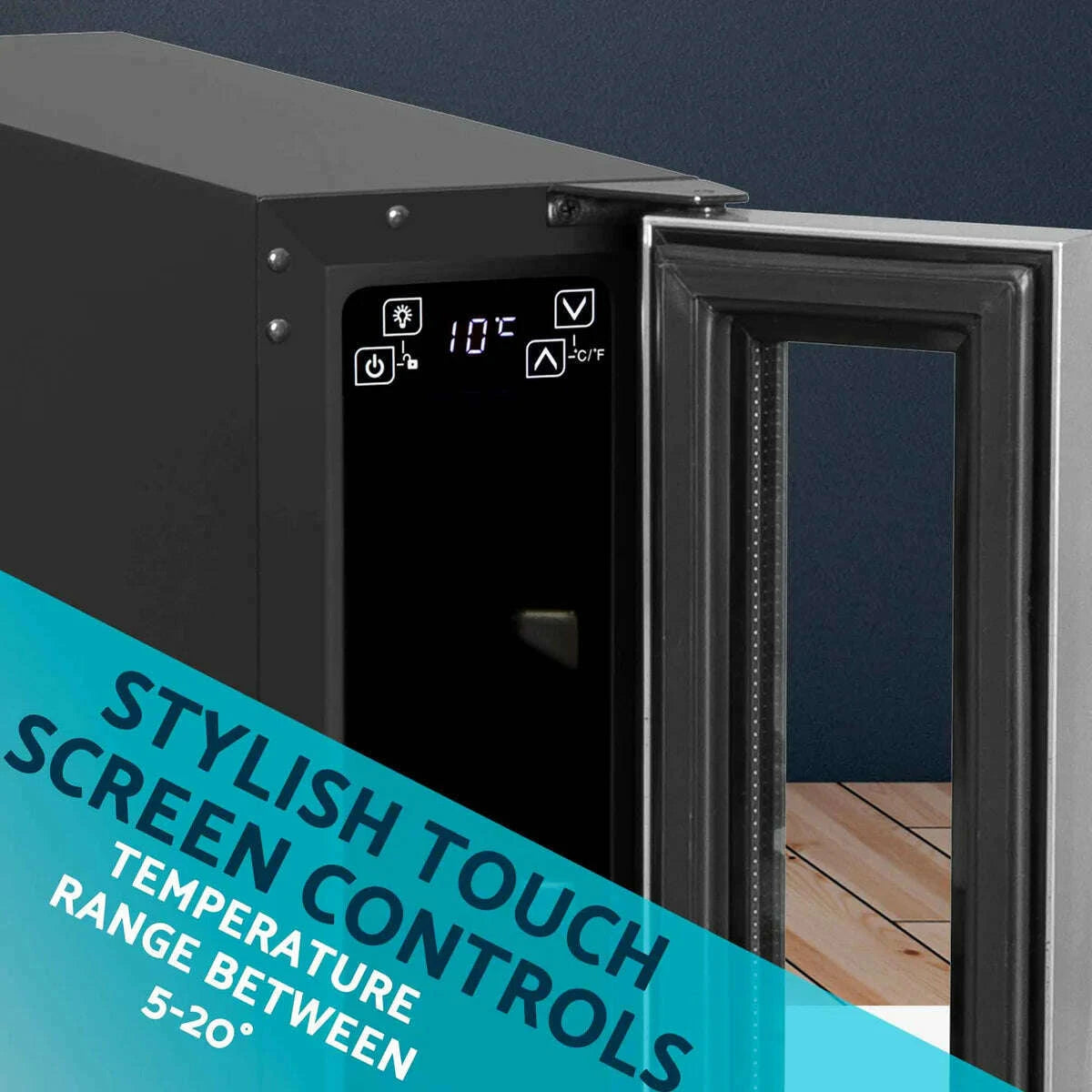 Slim Baridi wine cooler with stainless steel finish, digital touch controls, fits 7 bottles.