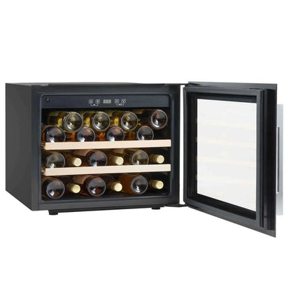 Black Baridi wine cooler with beech wood shelves, touch controls, and stainless steel handle.