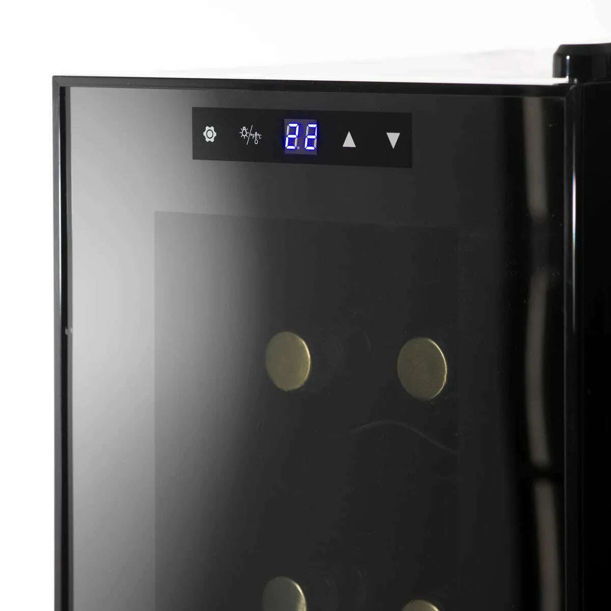 Black Baridi wine fridge with mirrored glass door, touch controls, and space for 12 bottles.