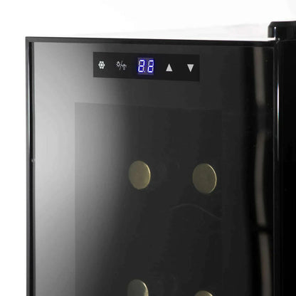 Black Baridi wine fridge with mirrored glass door, touch controls, and space for 12 bottles.