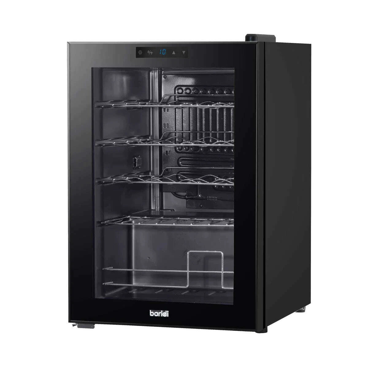 Freestanding 20-bottle wine cooler with digital temperature control and sleek black design.