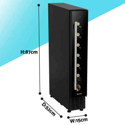 Slim black wine cooler with digital controls, holds 7 bottles, fits under counter, sleek design.