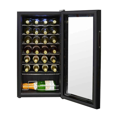 Black Baridi wine cooler with digital controls, LED light, and glass door, holds 28 bottles.