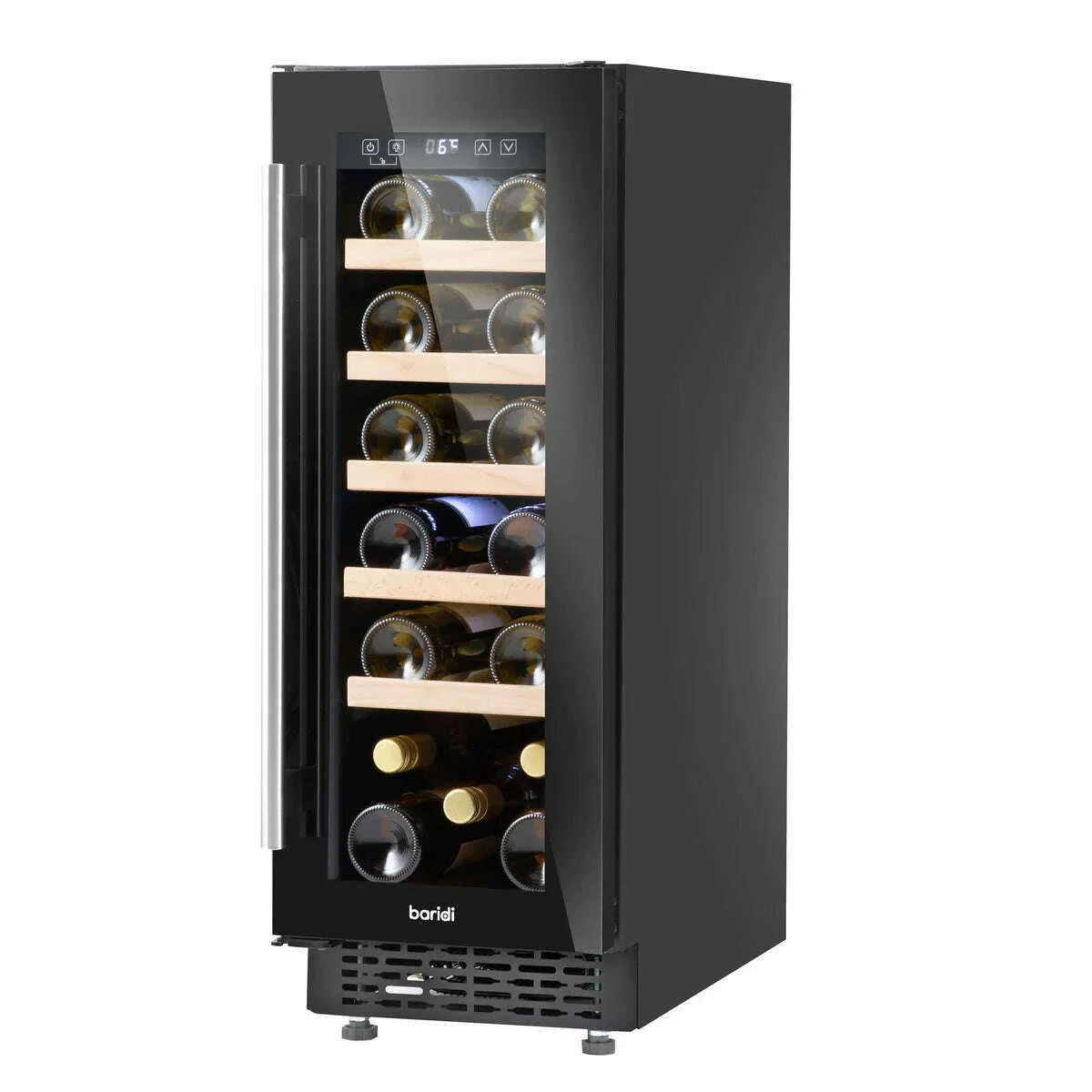 Slim Baridi wine cooler with digital controls, fits 20 bottles, beech shelves, LED light.