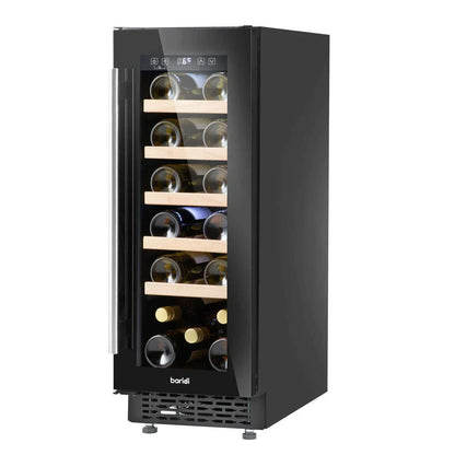 Slim Baridi wine cooler with digital controls, fits 20 bottles, beech shelves, LED light.