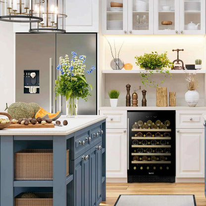 Sleek Baridi 54 Bottle Wine Cooler with digital controls and tempered glass door in modern kitchen.