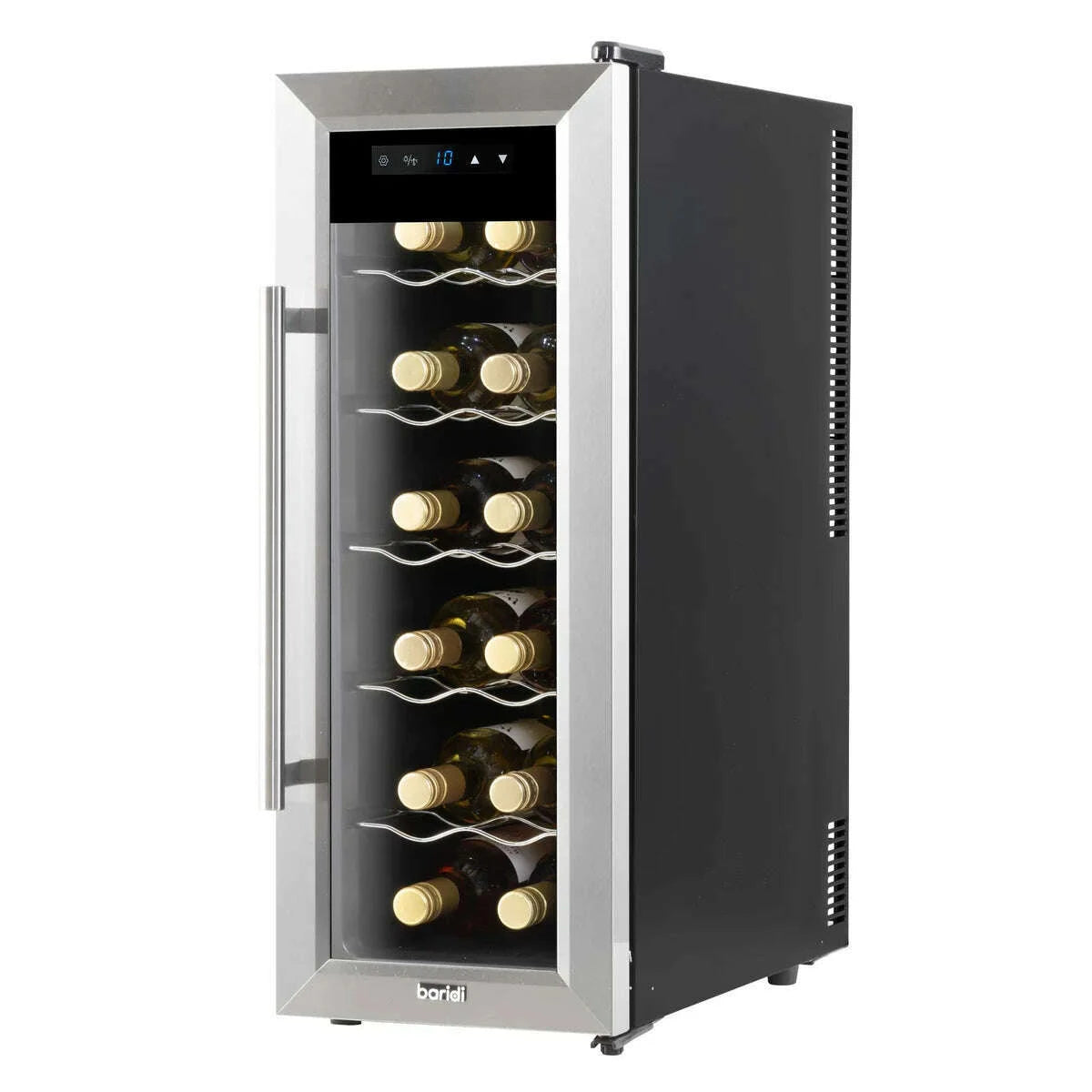 Baridi 12 Bottle Wine Cooler, stainless steel, digital controls, LED light, sleek compact design.